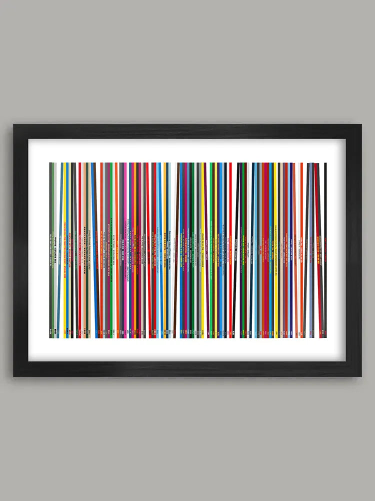 Based on vinyl album spines, this abstract design delves into a fantasy record collection covering a wide variety of genres and delving into the list from the book, '1,001 albums You Must Hear Before You Die'.